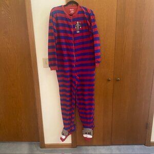 Nick & Nora Footed Sock Monkey Onesie Fleece Pajamas Women Small Red Blue Stripe
